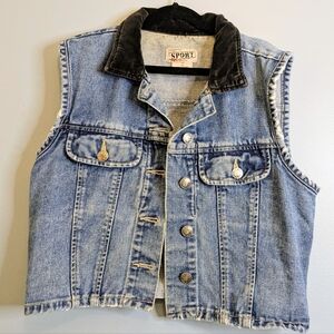 Vintage 90s Carriage Court Sport Denim And Velveteen Distressed Vest Size Medium